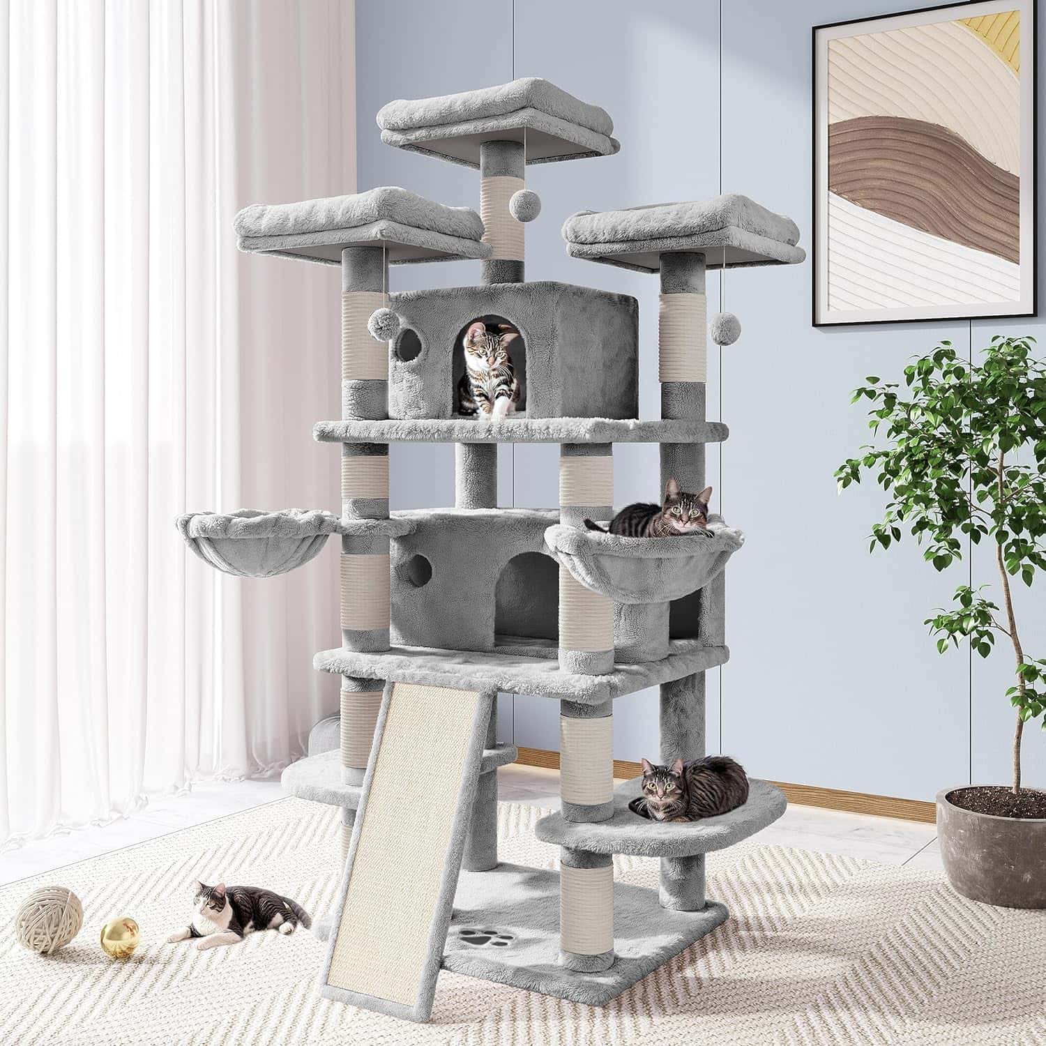 Allewie 68-inch cat tree with scratching posts, multi-level and condo for big cats