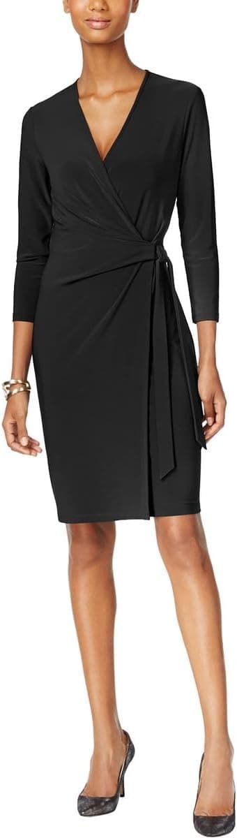 Anne Klein carousel print faux wrap dress styled for office-to-party
