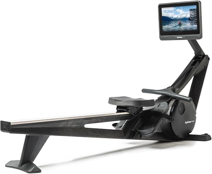 Hydrow Wave rower with 16-inch touchscreen in a bright living room