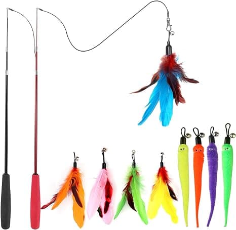 Interactive Cat Toys – Retractable Wand + Feather/Worm Refills