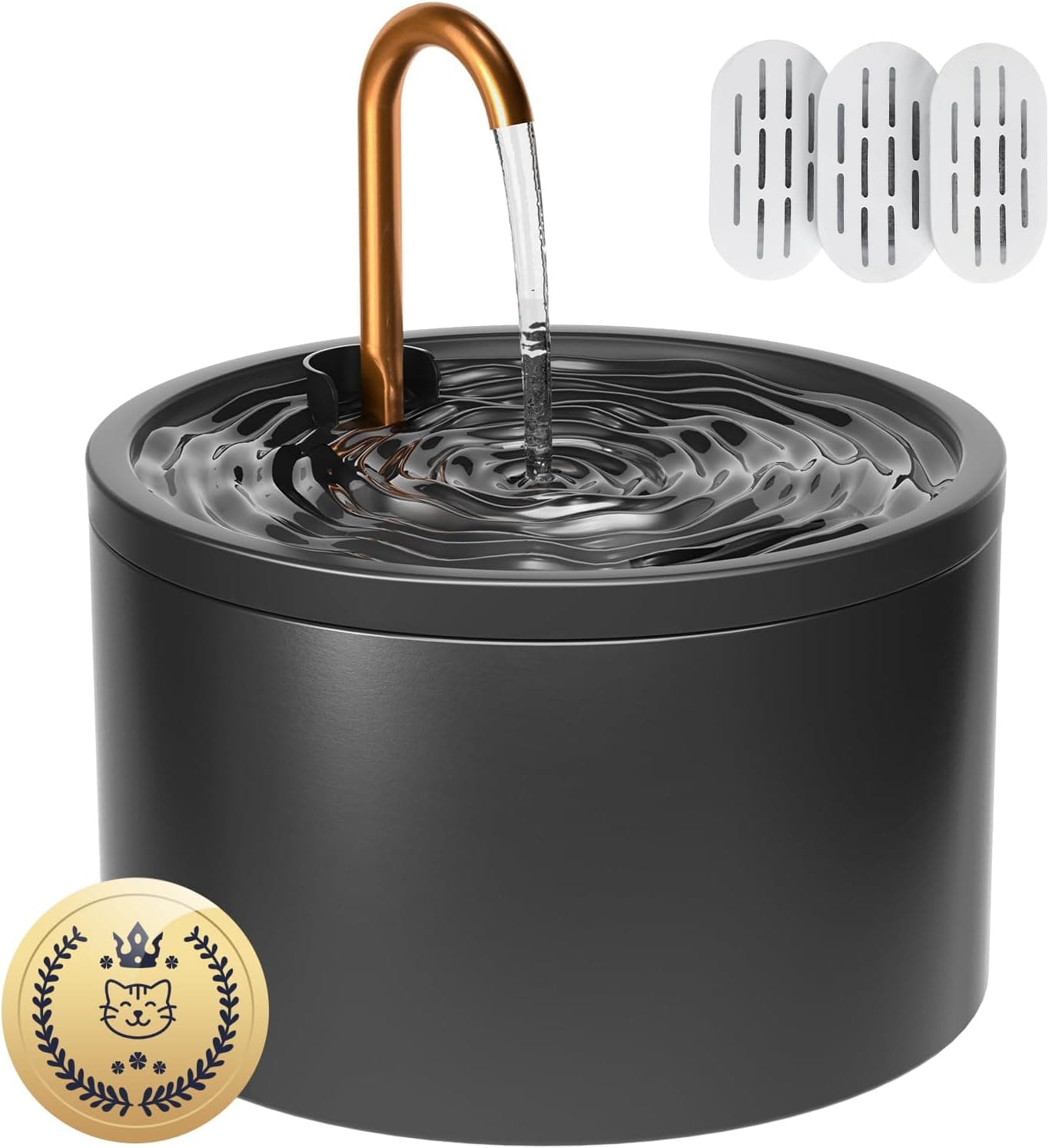 Black ceramic pet fountain with copper water spout and replacement filters