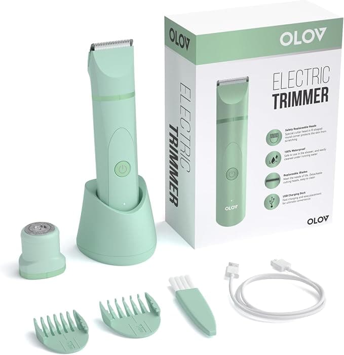 OLOV Electric Body Hair Trimmer - Groin Trimmer for Men - Bikini Trimmer Women - Wet/Dry Shaver Groomer, Replaceable Ceramic Blade Heads, USB Recharge Dock, Waterproof Hygiene Razor, Green - Beauty & Cosmetics - Hair Trimmer - Under $50
