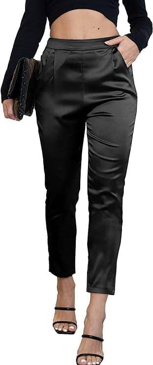 heipeiwa Women's Satin Pants Dress Casual Pleated Pull on High Waist