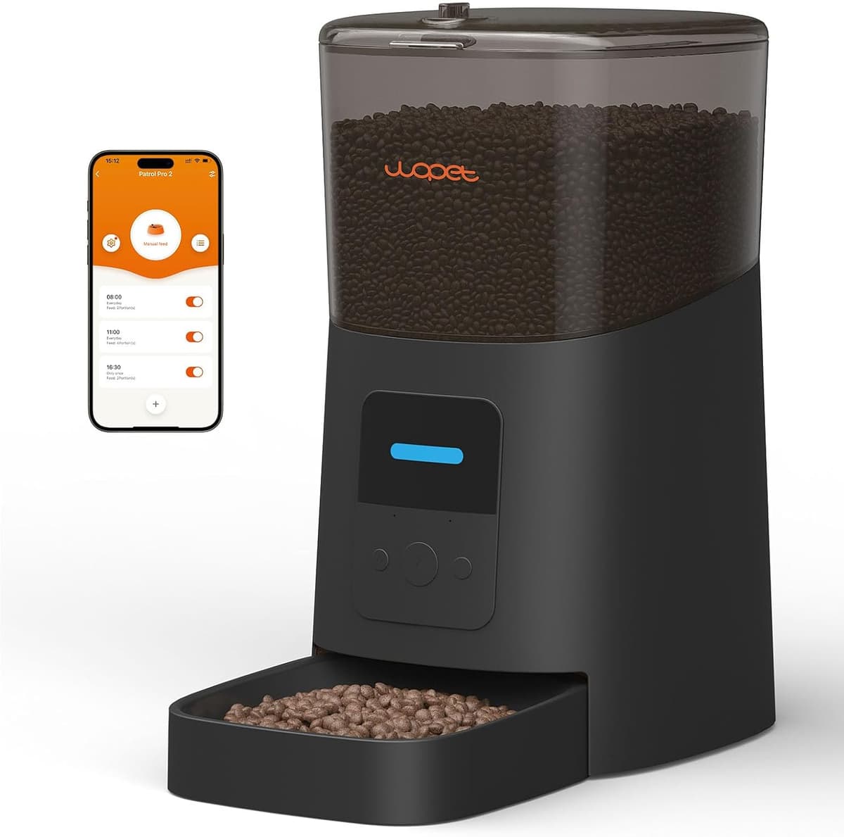 WOPET 6L Automatic Cat Feeder, Wi-Fi Enabled Smart Pet Feeder for Cats and Dogs, Auto Dog Food Dispenser with Portion Control, Distribution Alarms and Voice Recorder Up to 15 Meals per Day