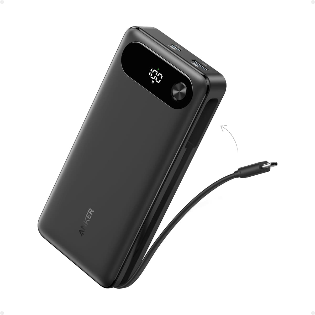Anker Power Bank, 20,000mAh Travel Essential Portable Charger with Built-in USB-C Cable, 3-Port 87W Max Fast Charging