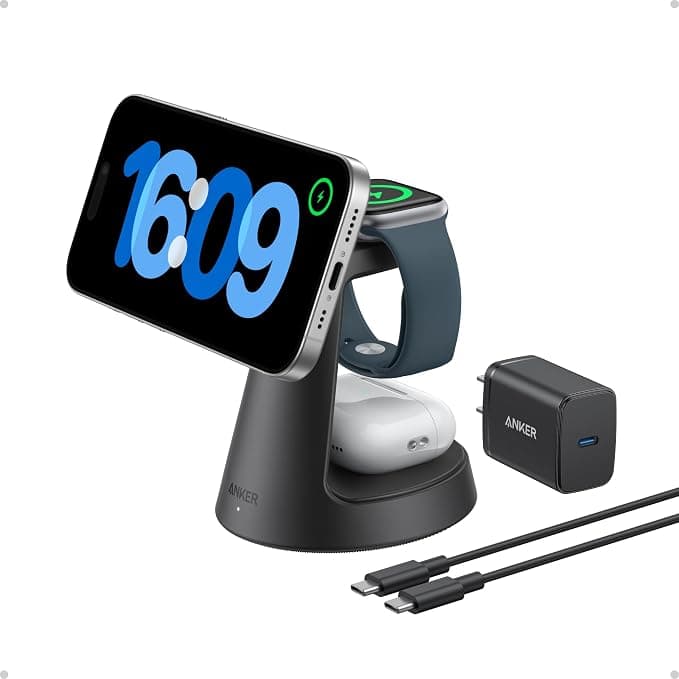 Anker MagSafe Charger Compatible, MagGo 3-in-1 Charging Station, Nano Charging Stand, Qi2 Certified 15W Magnetic Wireless Charger Dock, for iPhone17/16/15/14, Apple Watch,AirPods (Adapter Included)