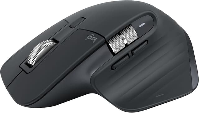 Logitech MX Master 3S wireless mouse on a desk with laptop