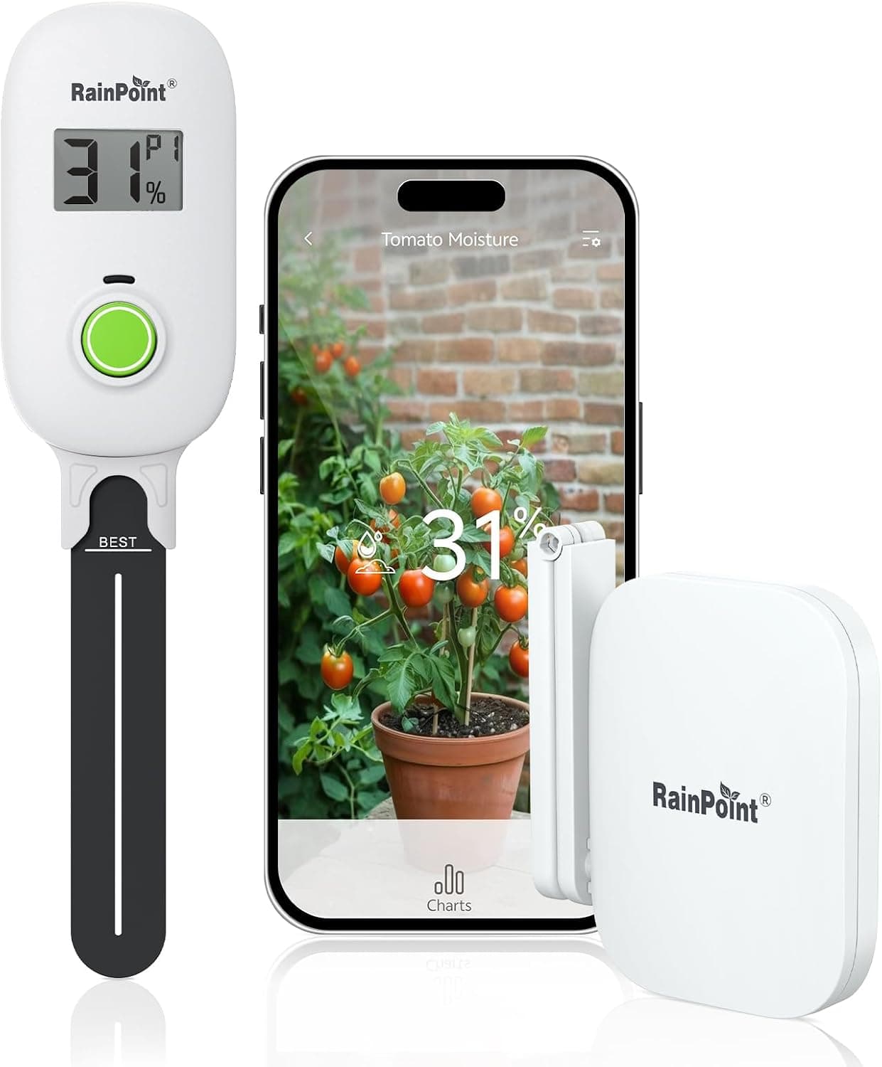 PlantWave plant music device connected to a houseplant and smartphone displaying the companion app