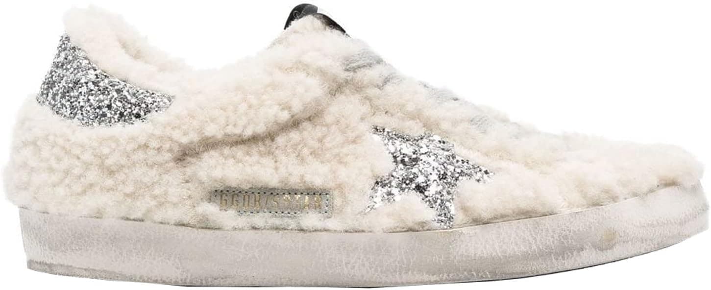 Golden Goose Super-Star Shearling Upper Glitter Star and Heel Womens Distressed Sneakers - Designer Sneakers - Under $1,000