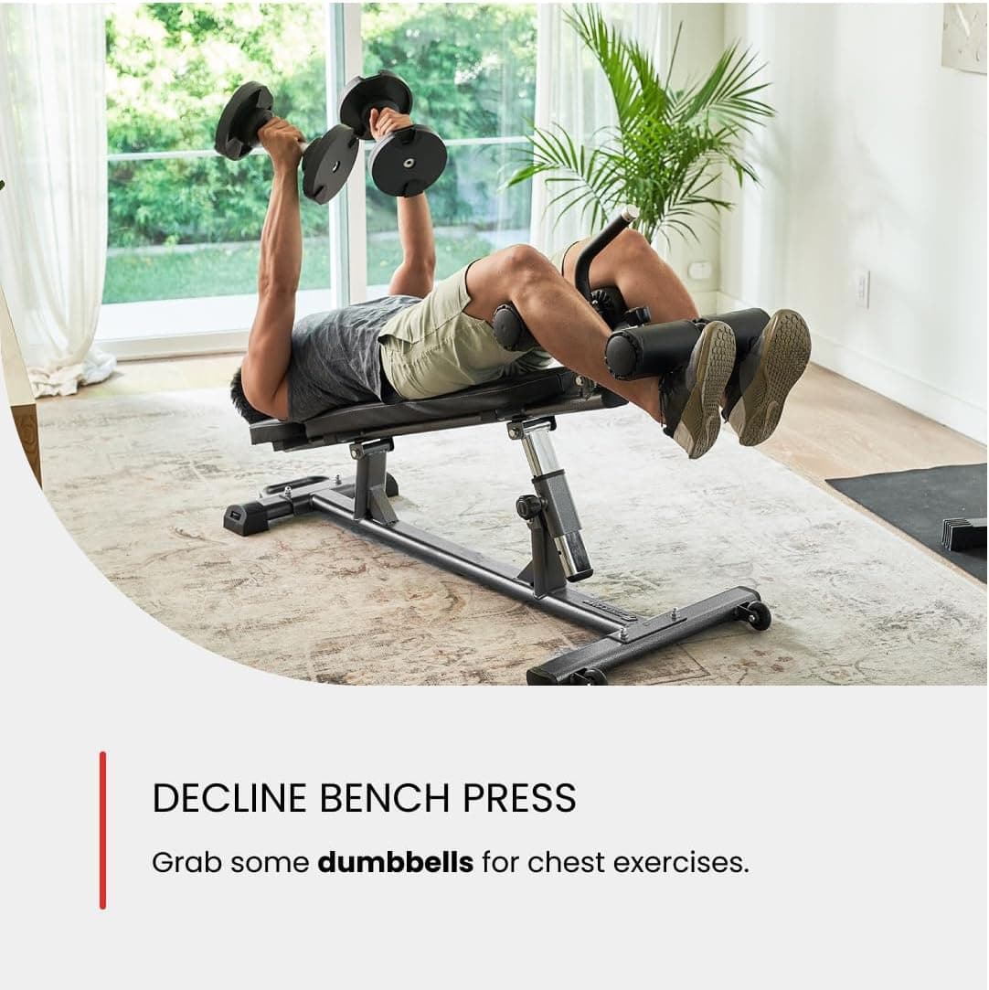 Finer Form semi-commercial decline bench positioned in a hotel suite