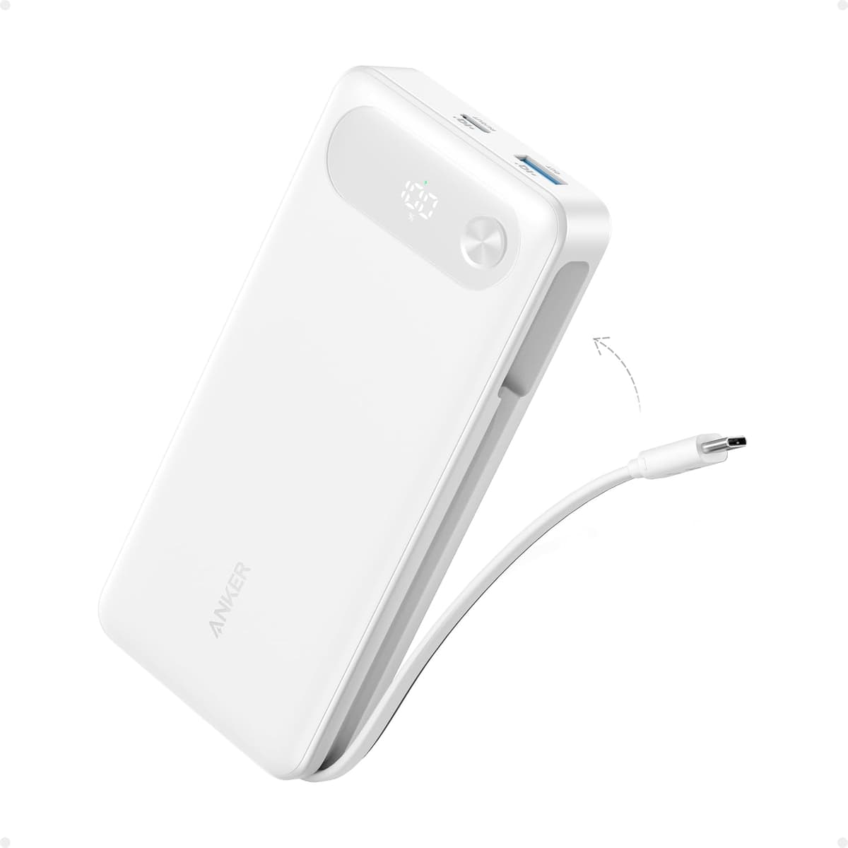 Anker Power Bank, 20,000mAh Travel Essential Portable Charger with Built-in USB-C Cable, 3-Port 87W Max Fast Charging