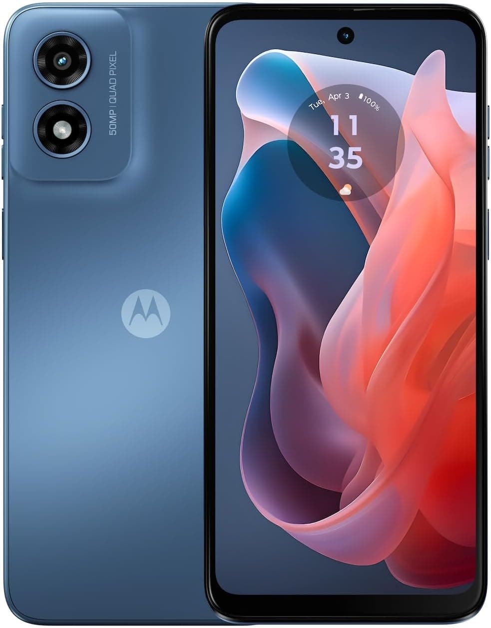 Motorola Moto G Play 2024 in Sapphire Blue on a student desk