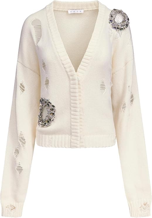 AREA Distressed Crystal Cardigan - Designer Knitwear - Under $2,000