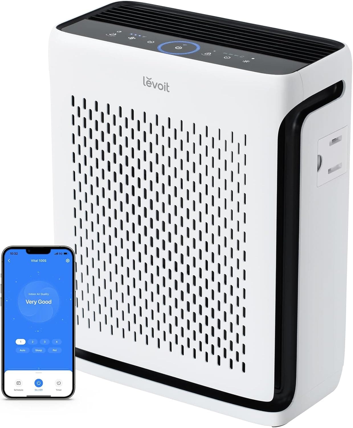 Levoit EverestAir smart air purifier circulating air in a large living room filled with plants