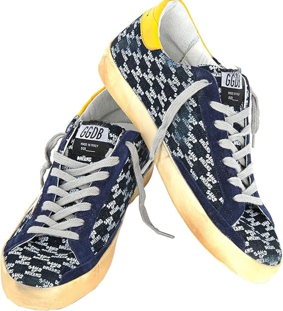 Golden Goose Super Star Mens Distressed Sneaker All Over Printed Denim Upper Laminated Leather Heel - Designer Sneakers - Under $500