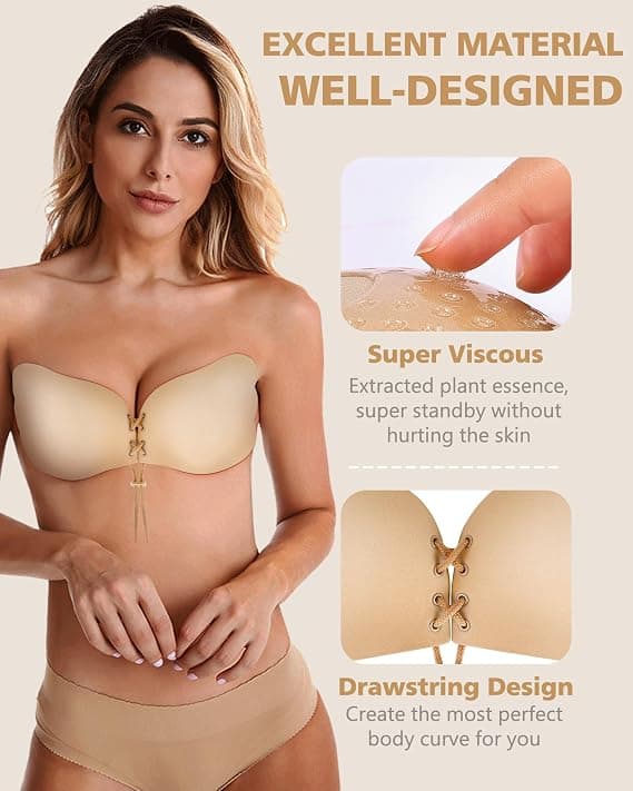 Cmojsk Sticky Bra Backless Strapless Bra Push Up 2-Pack