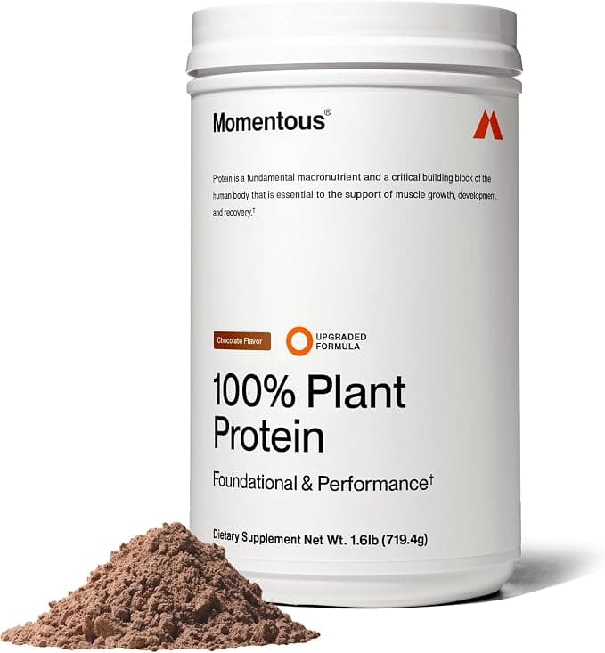 Momentous vegan protein powder container with scoop