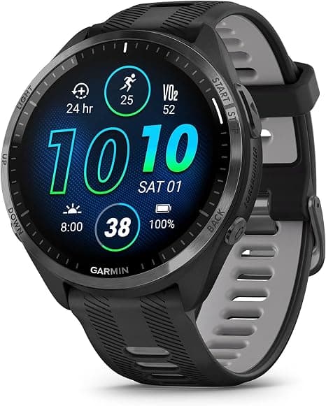 Garmin Forerunner 965 smartwatch displaying colorful training metrics