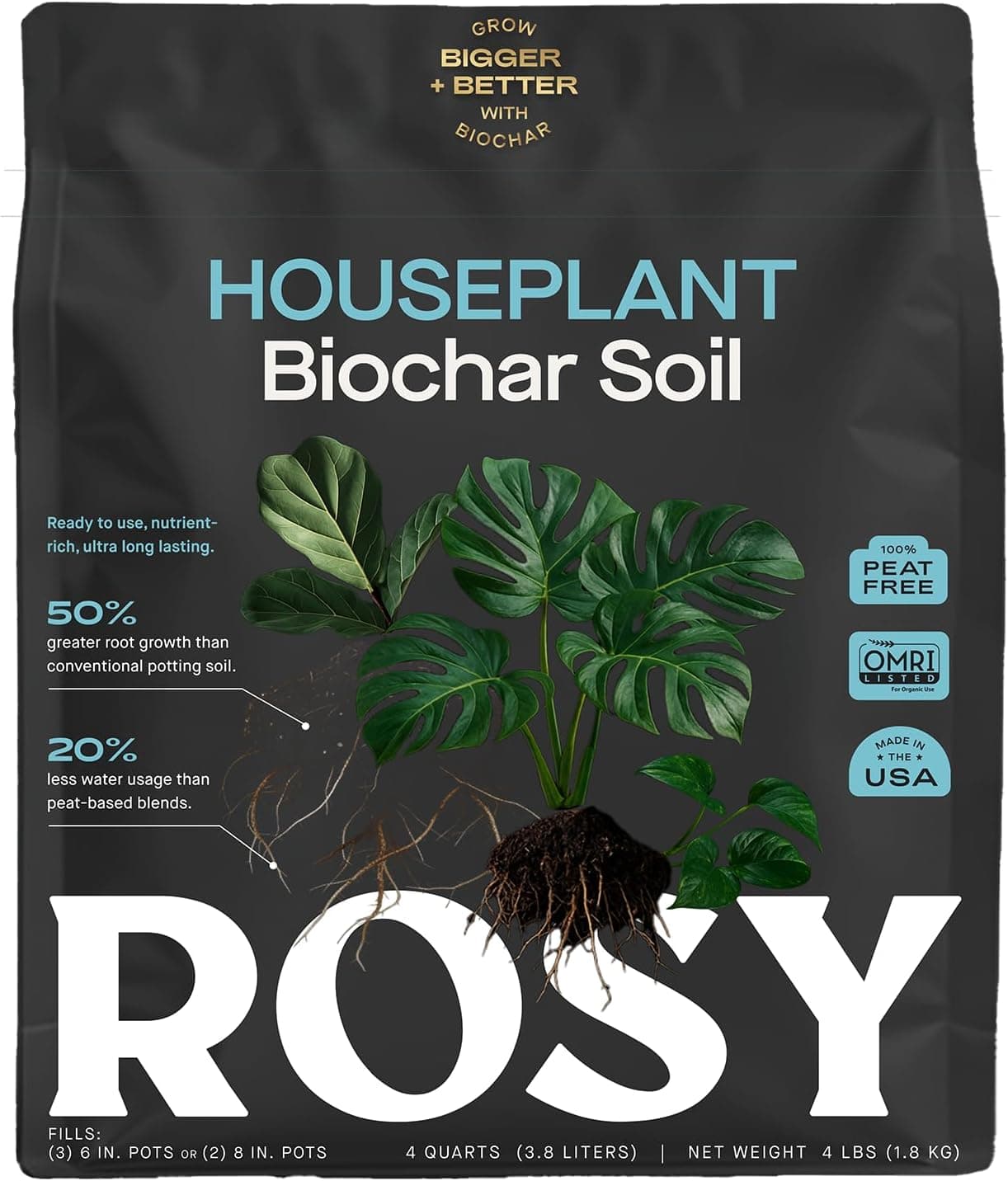 Rosy Soil bag with indoor potting mix next to houseplants