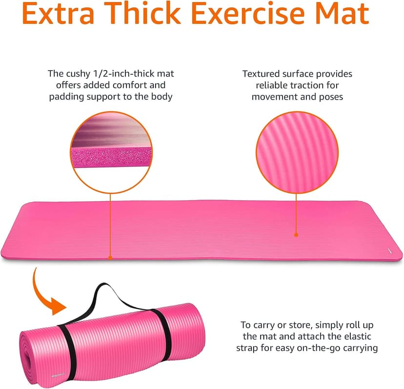 Amazon Basics 1/2 Inch Extra Thick Exercise Yoga Mat with Carrying Strap, Pink