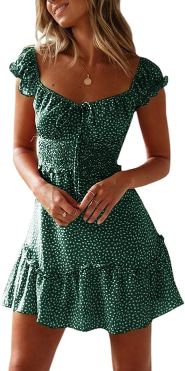 Valphsio Womens Smocked Dress Ruffle Floral Tie Front Boho Short Dresses