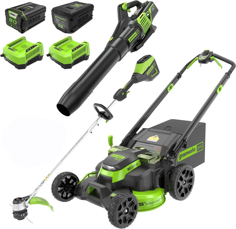 Greenworks 80V 25" Cordless Battery Brushless Self-Propelled Rear Wheel Drive 3-in-1 Lawn Mower, 16" String Trimmer,730 CFM Leaf Blower,Combo Kit w/ (1) 4.0Ah Battery (1)2.5 Ah Battery and (2)Charger