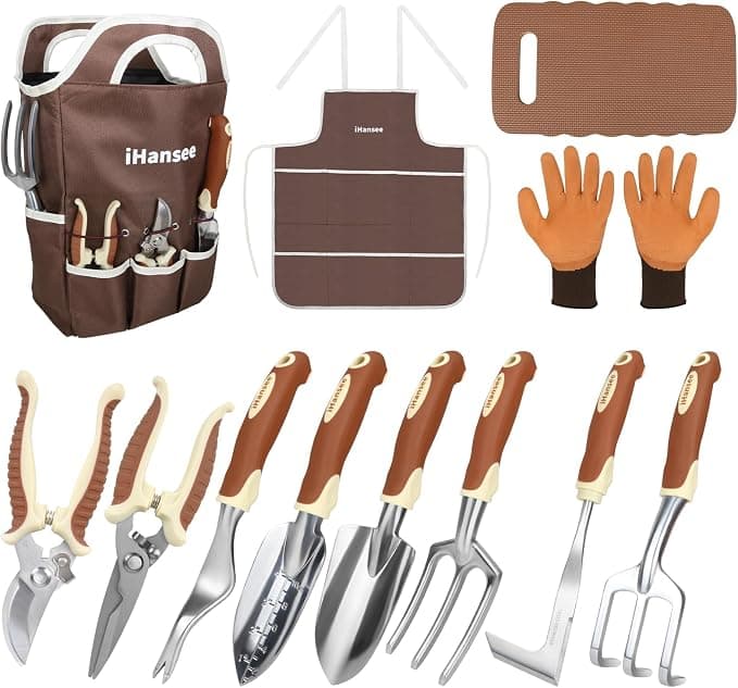 Brown Gardening Tools Set 12-Piece, Garden Hand Tool Kit with Non-Slip Ergonomic Handle, Storage Tote Bag, Garden Apron, Gloves and Kneeling Pad, Gardening Gifts for Women Men Plant Lover - Tool Sets gardening gift