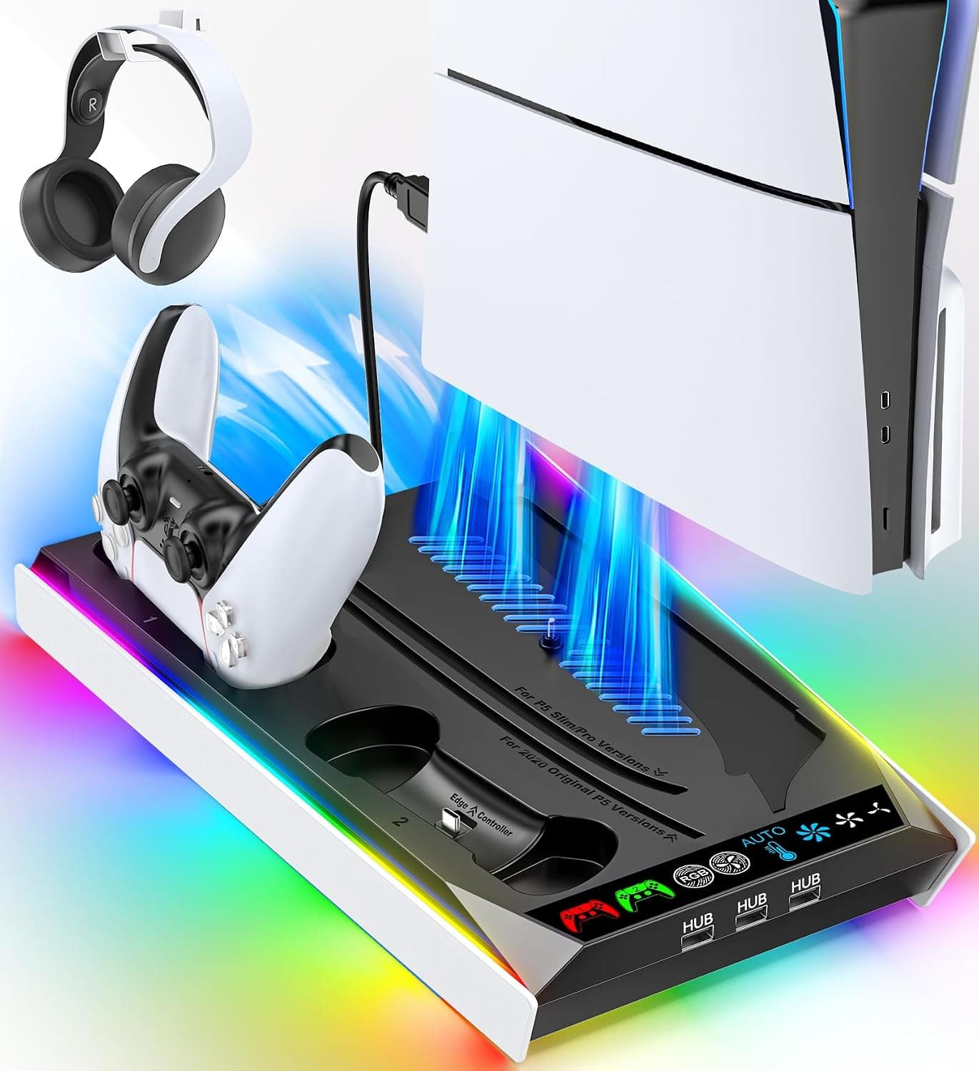 PS5/Slim/Pro Stand for Disc & Digital Console, PS5 Cooling & Charging Station with RGB Ambient Lighting
