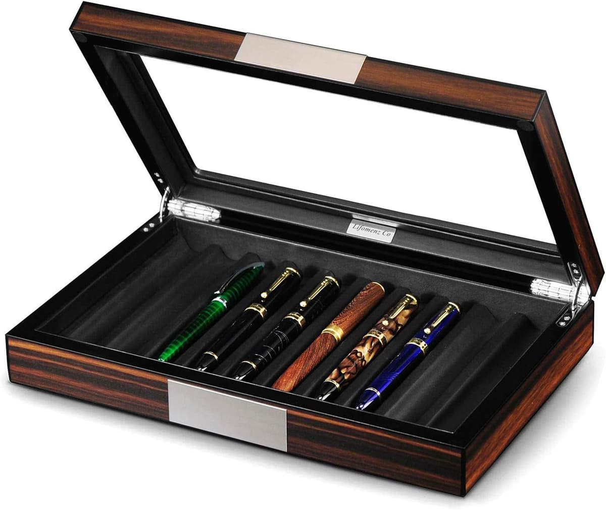Wood Pen Box - 10 Slot Organizer With Glass Lid, Top Window Display Case for Collection Storage