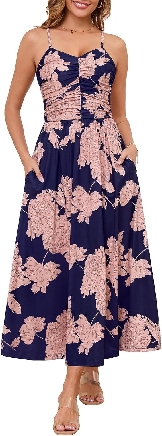 Annebouti Women 2025 Summer Fall Ruched Maxi Dress Adjustable Spaghetti Strap Floral Beach Long Sundress with Pockets