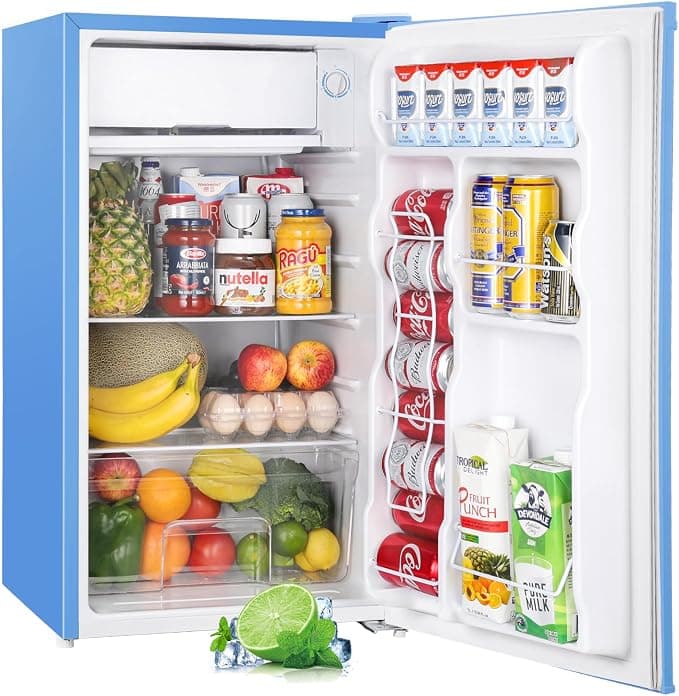 Upstreman 3.2 Cu.Ft Mini Fridge with Freezer, Single Door Mini Fridge, Dorm Fridge, Adjustable Thermostat, Mini Refrigerator for Bedroom, Office, Dorm, Blue-BR321