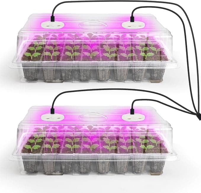 Bonviee 2-Pack Seed Starter Tray with Plant Light, Elevated Seedling Starter Trays Kits with Adjustable Humidity Domes and Clear Cell Tray, 12 Full Spectrum Led Lamp Beads for Plants Indoor-Clear - Seed Starting gardening gift