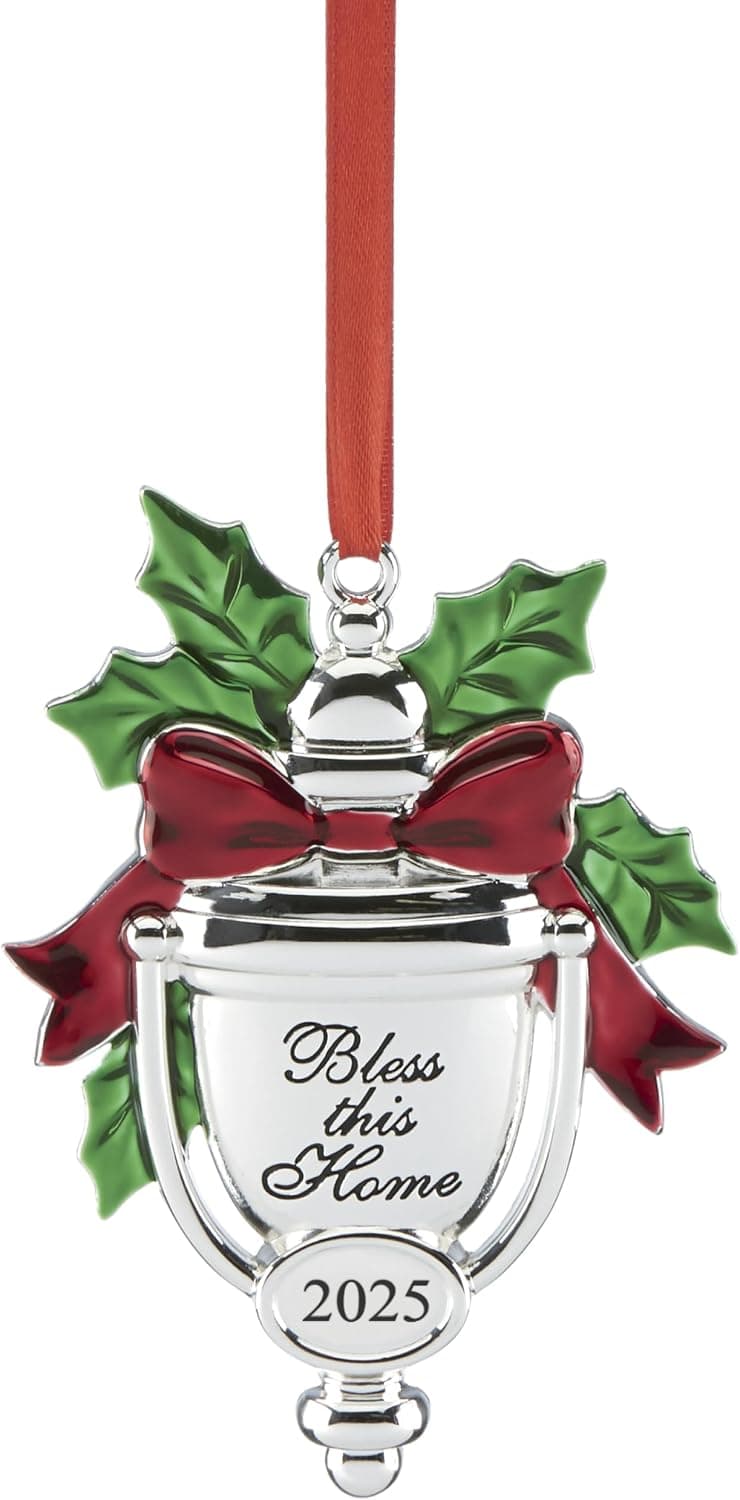 Lenox 2026 Bless This Home silverplate ornament with red ribbon for hanging