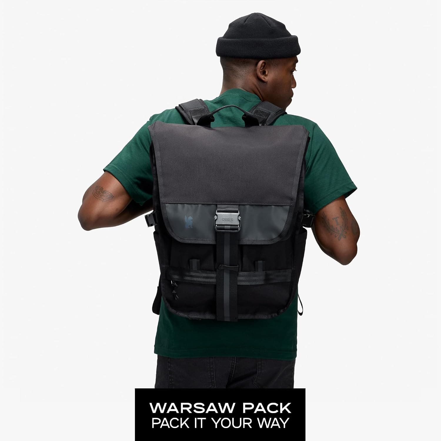 Chrome Industries Warsaw 30L utility backpack strapped to a cargo bike