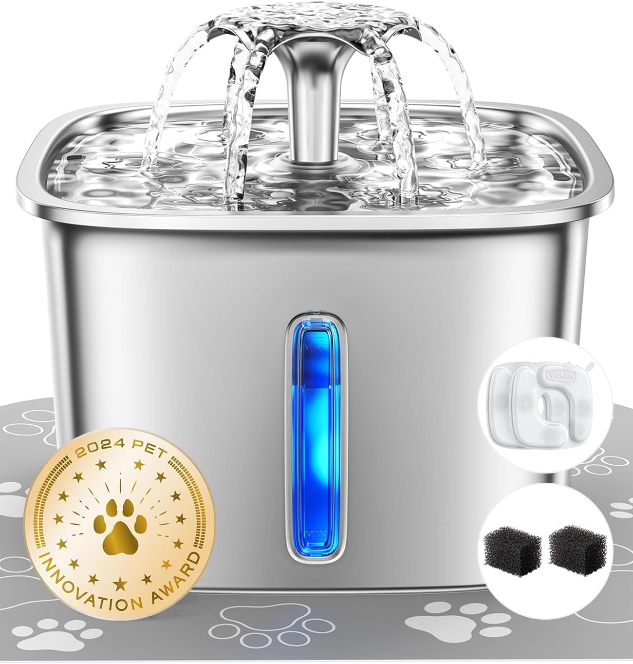Veken stainless steel cat water fountain with silicone mat and replacement filters