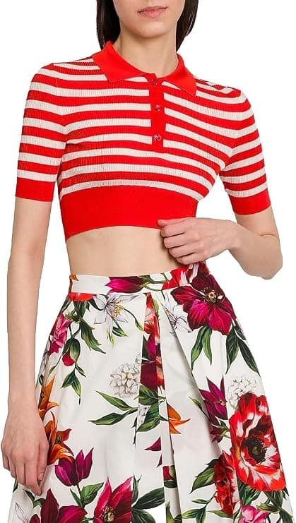 Dolce&Gabbana Rafia Fiori Striped Knit Cropped Polo Top - Luxury Tops - Under $2,000