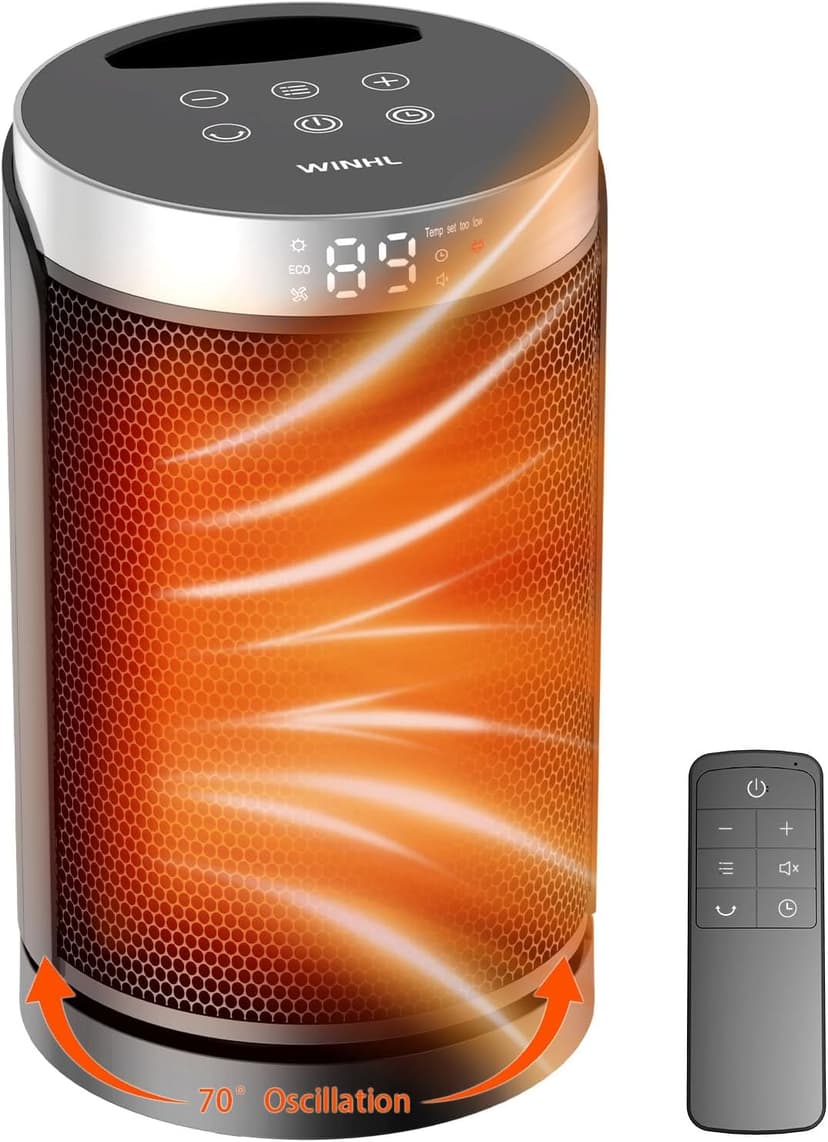 Space Heater, WINHL Small Portable Electric Heaters for Indoor Use with Thermostat and Remote, 70°Oscillation, 12H Timer, 5 Modes, 1500W PTC Ceramic Fast Safety Heat for Office Bedroom Home
