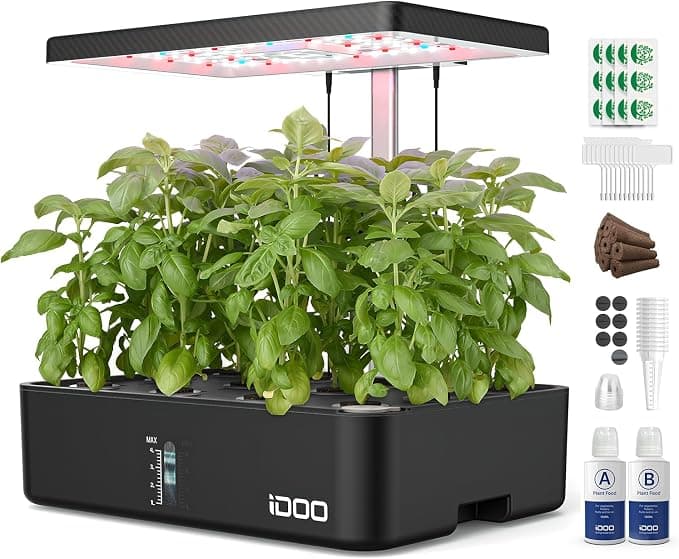 iDOO 12 pod hydroponic herb garden with LED lights and green plants