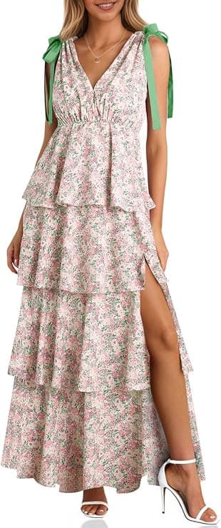 Wenrine Womens Summer Floral Maxi Dress Tie Strap Sleeveless V Neck High Slit Boho Ruffle Tiered Beach Dresses