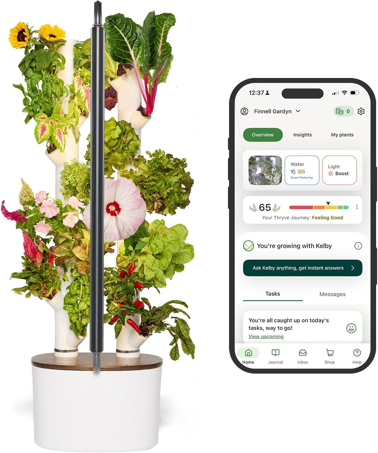 Gardyn Studio 2 vertical hydroponic garden filled with leafy greens in a living room