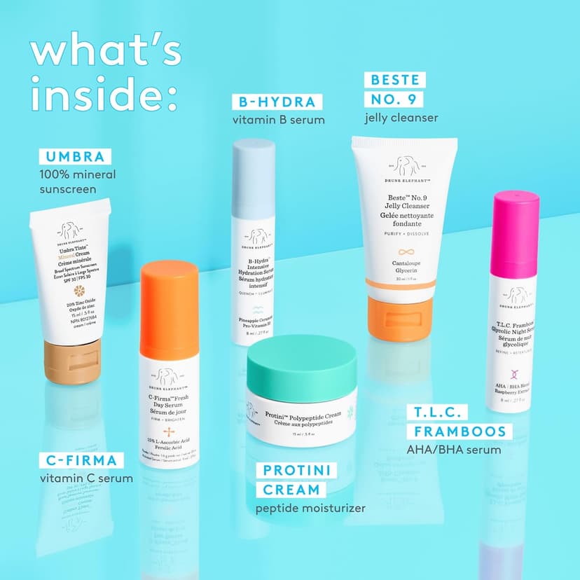 Drunk Elephant The Littles 7.0 Kit - 6 Travel-Friendly A.M. and P.M. Essentials - Clean Clinical Skincare - Cruelty-Free - Dermatologist-Tested - Free of Essential Oils, Silicones, and Fragrance