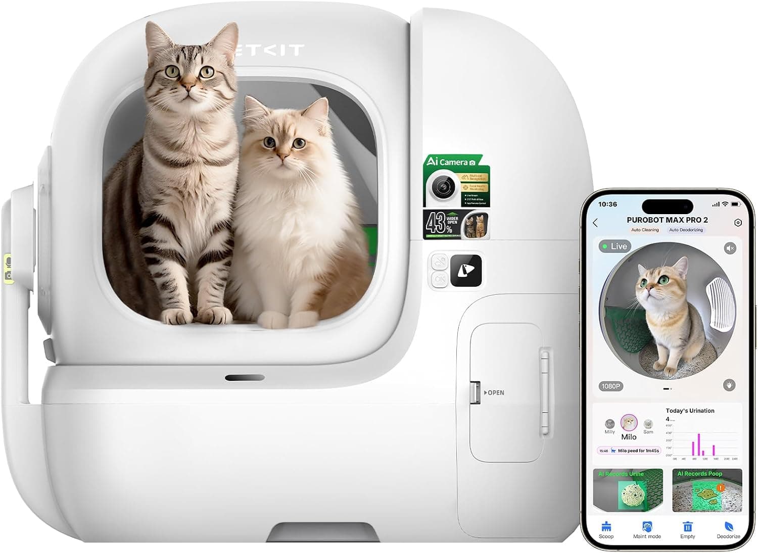 PETKIT 2025 Purobot Max Pro 2 AI-Camera Self Cleaning Cat Litter Box with 210° Wide Angle Lens