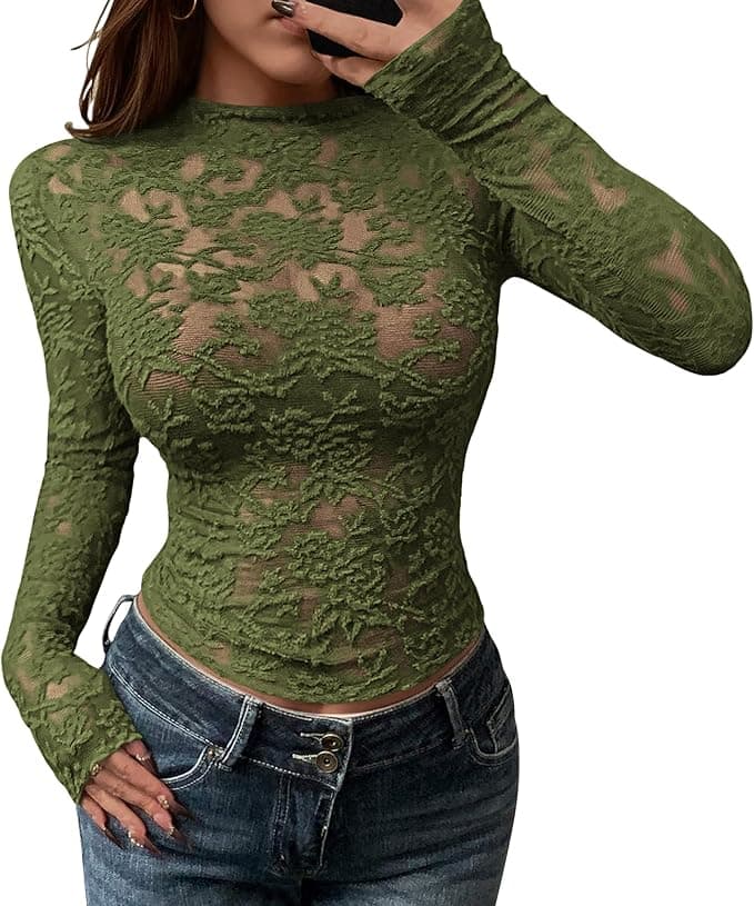 BTFBM mesh long sleeve tops for women lace sexy sheer see through crew neck tight shirt