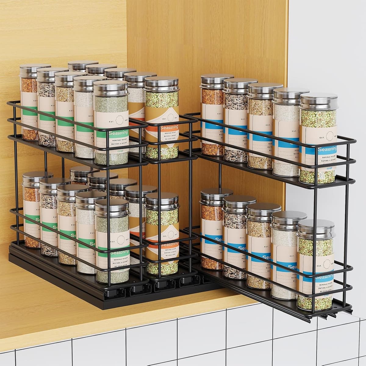 Pull Out Spice Rack Organizer for Cabinet, Slide Out Spice Racks, Easy to Install, 2.1''Wx10.35''Dx8.26''H, 3 Drawers 2 Tiers(Black)