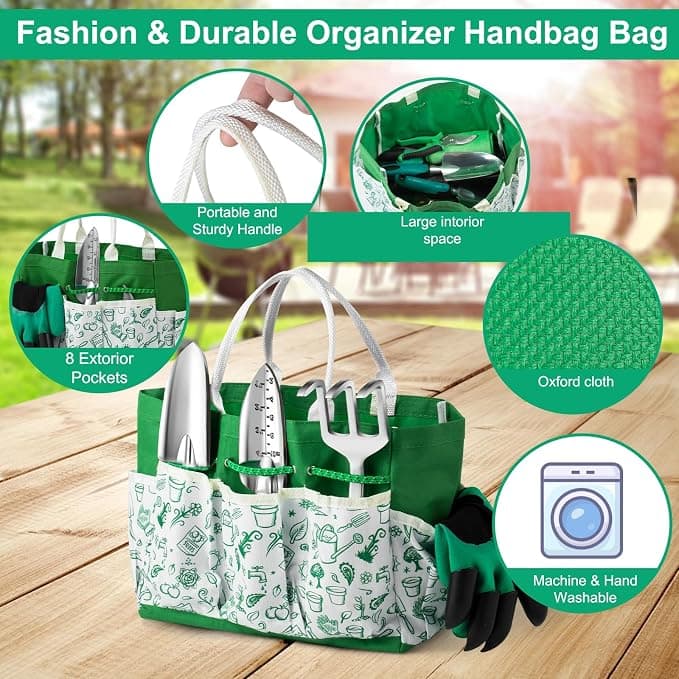 Garden Tool Set for Women, 12pcs Heavy Duty Gardening Tools, Cute Gardening Supplies Gifts for Women Mom, Garden Hand Tools with Fashion Organizer Handbag, Garden Tools for Gardening, Planting, Green - Tool Sets gardening gift