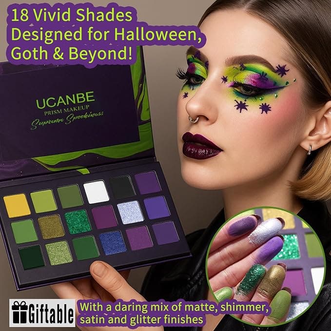 Soft Grunge Smoky Eyes trend - Green Purple Goth Eyeshadow Palette Makeup- 18 Colors Matte Shimmer Metallic Bright & Dark Smoky Gothic Eye Shadows for Halloween Christmas Grinch Witch Beetle-juice Ursula SFX Cosplay Costume Make Up product image showing the affordable Amazon dupe for achieving this makeup look