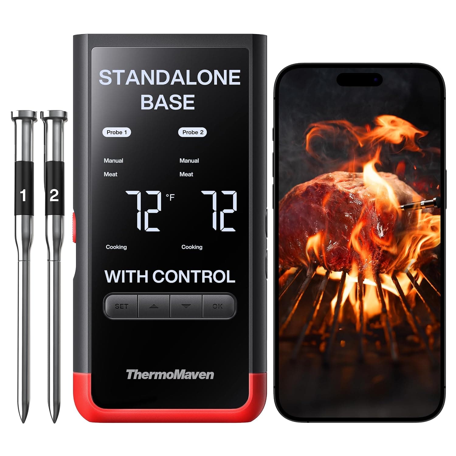 ThermoMaven Smart Bluetooth wireless meat thermometer base station with probes inserted into a turkey