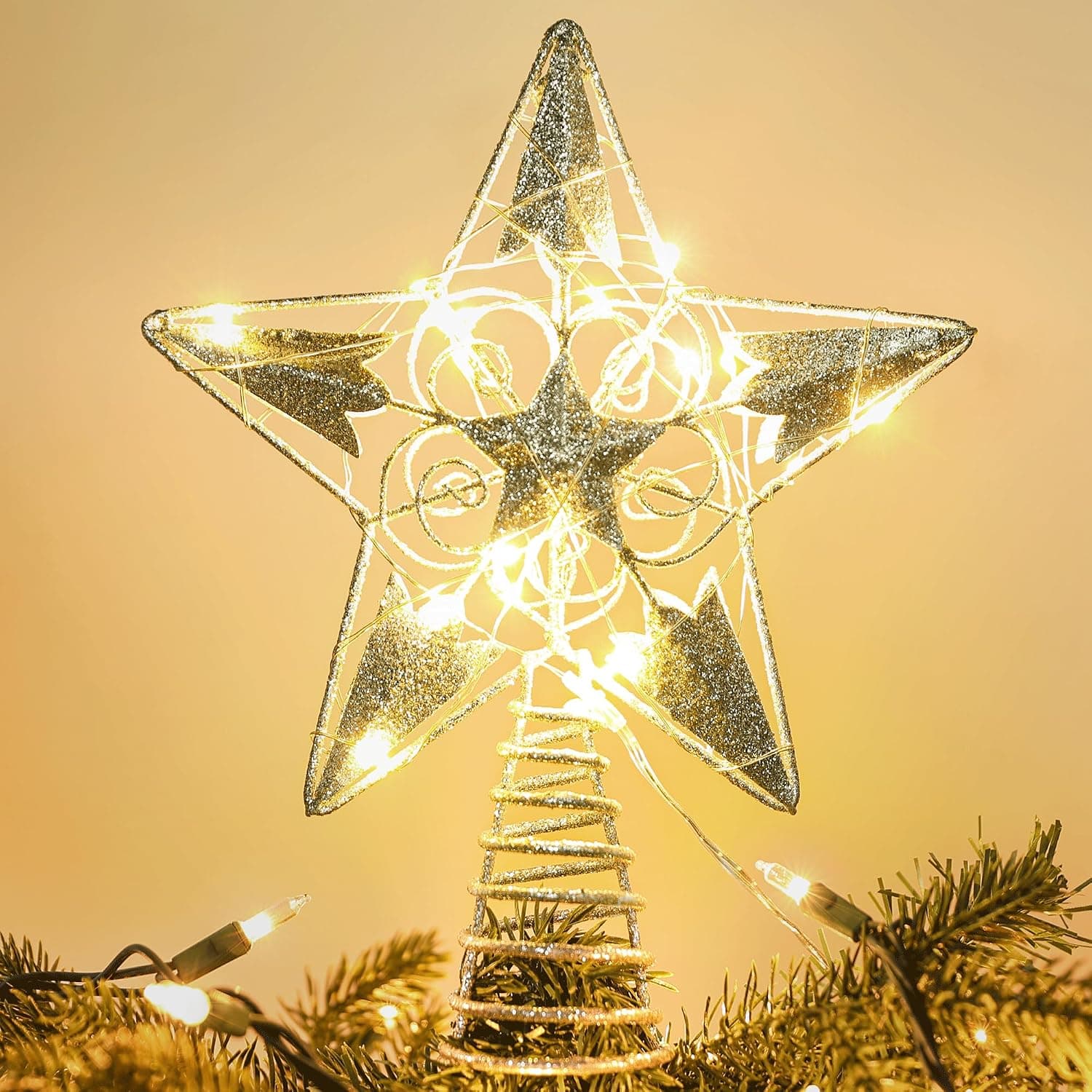 Brizled Silver Star Tree Topper with 20 LED warm white lights and hollow-out design