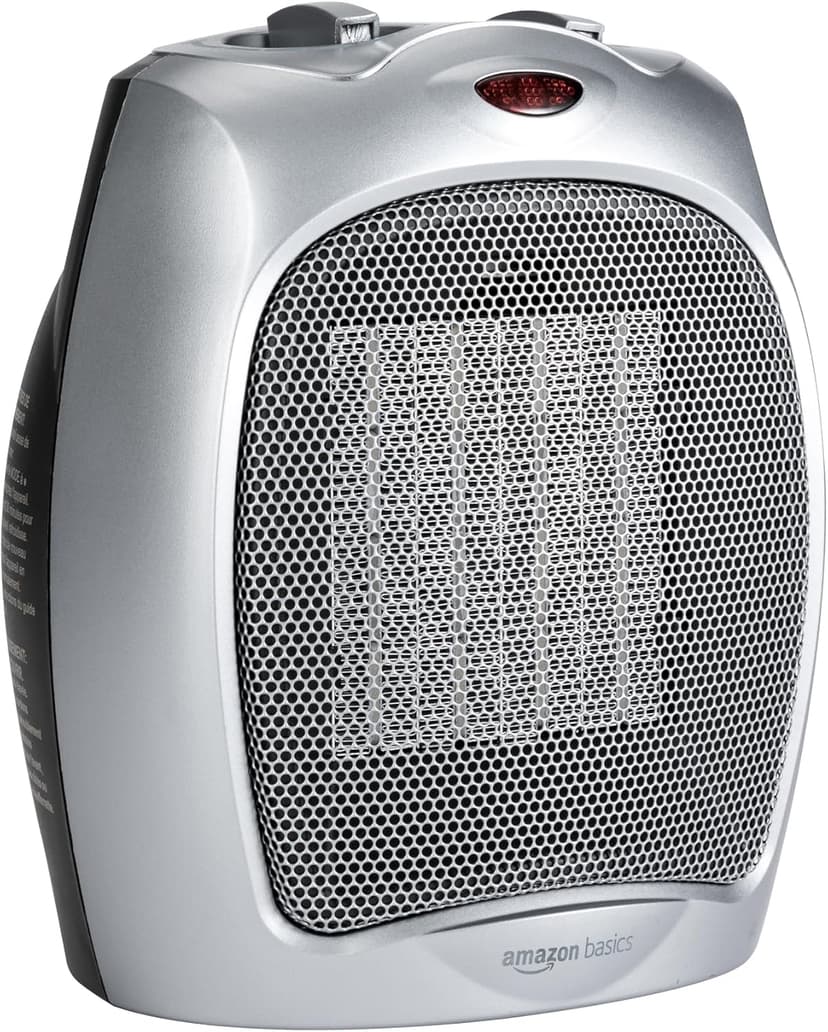 Amazon Basics Ceramic Space Heater, Portable Indoor Heating Solution, With Overheat and Tip-Over Protection, Thermostat, Non-Oscillating, 1500W, 7.52"D x 6.34"W x 9.45"H, Silver