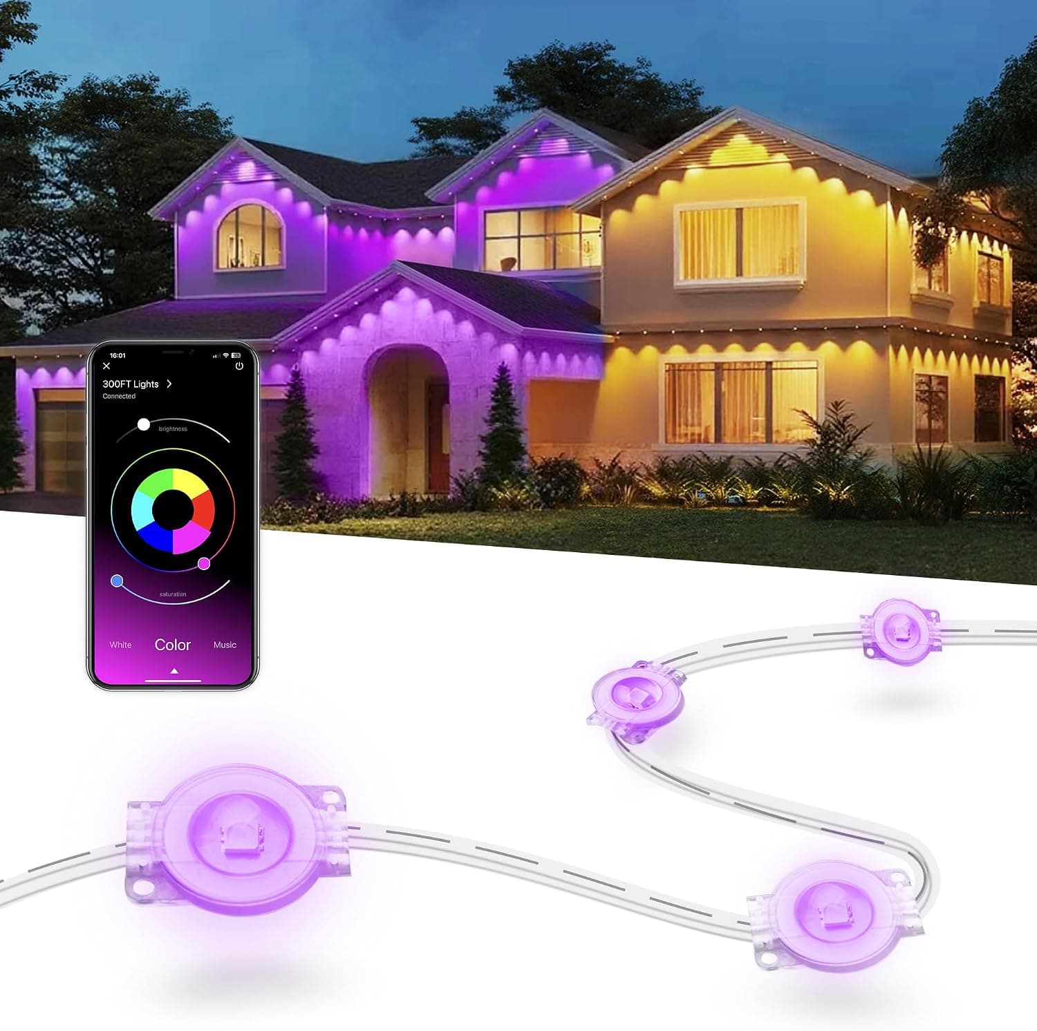 Nexillumi 300ft permanent outdoor RGB eaves lighting IP67